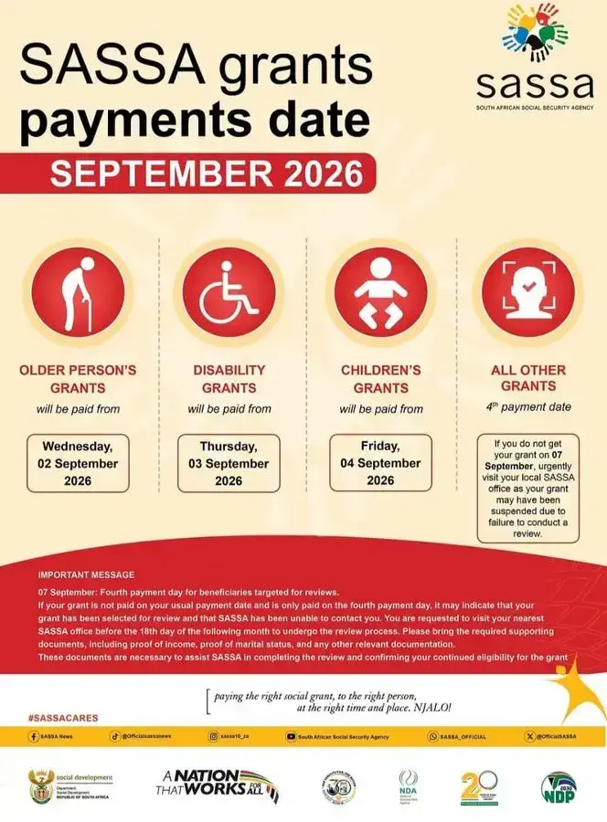 SASSA grants payment dates notice for September 2026