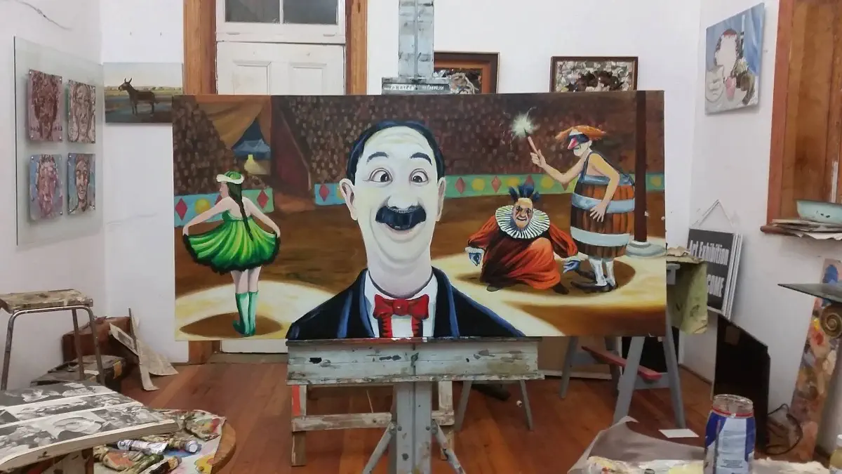 Pol Roo art studio canvas on easel.
